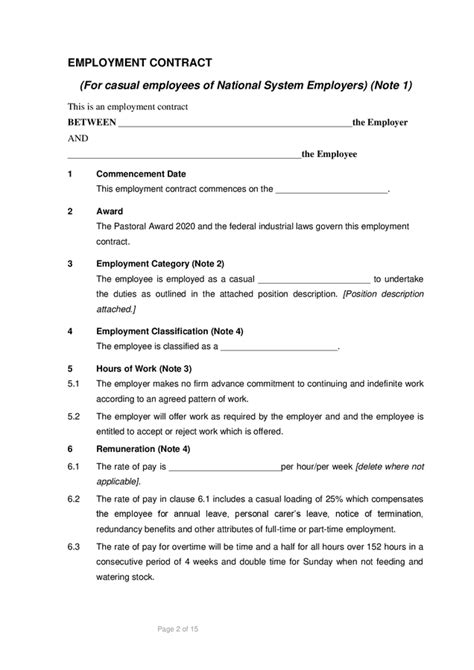 Casual employment contract - national system employers template in Word and Pdf formats - page 2 ...