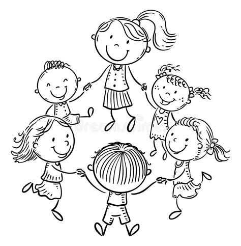 Line Drawing of Happy Kids with Their Teacher Dancing Together, Hand Drawn Cartoon Clipart ...