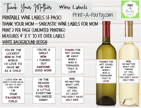 WINE LABELS: Moms | Thank Your Mother with Wine Sarcastic Funny (6 ...