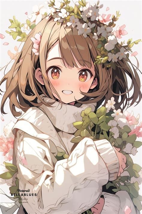 an anime girl with flowers on her head and long hair, wearing a white dress