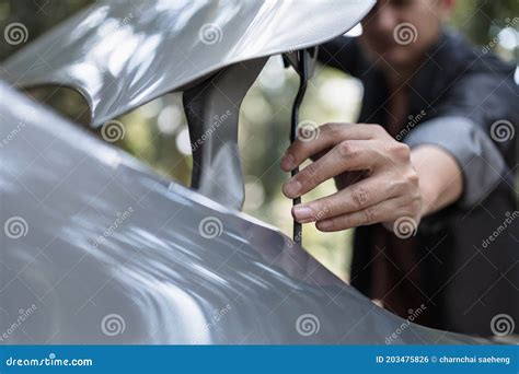 Man` Hand Open Hood of a Broken Car on the Road in the Forest. Car Breakdown Concept Stock Photo ...