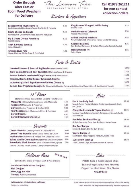 Menu at The Lemon Tree Restaurant With Rooms, Wrexham