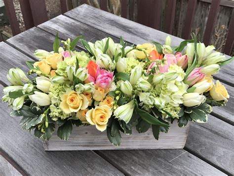 Spring flower arrangement in a rustic wooden box - alstroemeria, tulips, spray roses. | Flower ...