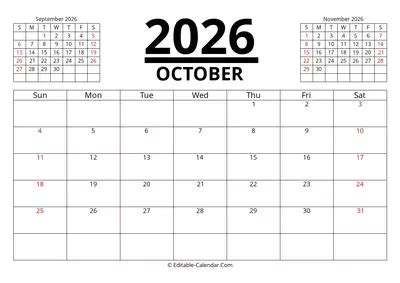 Download Editable 2026 Calendar October, weeks start on Sunday