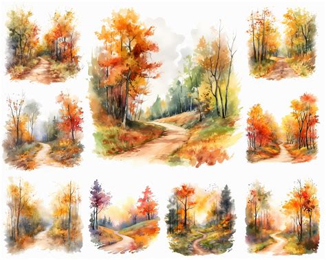 18 Watercolor Autumn Forest Trail Watercolor Forest Clipart - Etsy