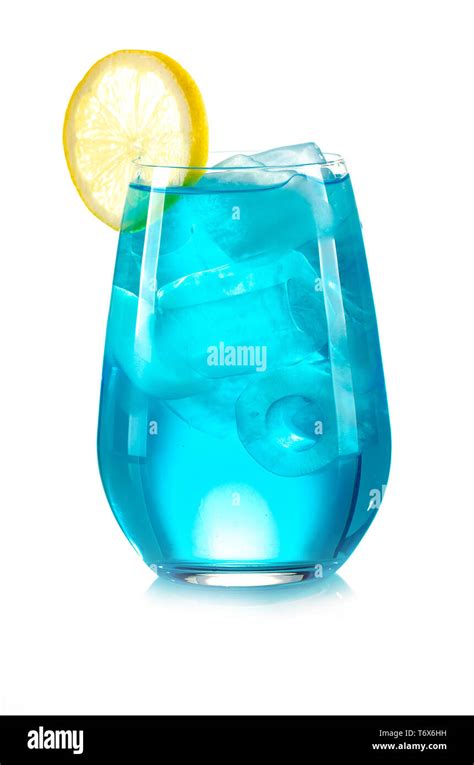 blue drink with ice cubes and lemon on white background, isolated Stock ...