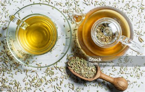 Herbal Infusion Fennel Tea In Glass Cup And Glass Tea Pot With Dried ...