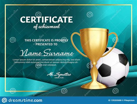 Soccer Certificate Diploma With Golden Cup Vector. Football regarding Soccer Award Certificate ...