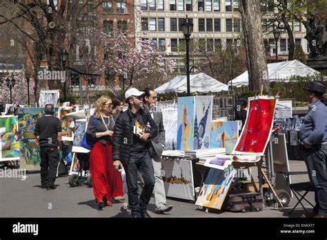 Artists sell their works at the weekly art market along Union Square in Manhattan, NYC Stock ...