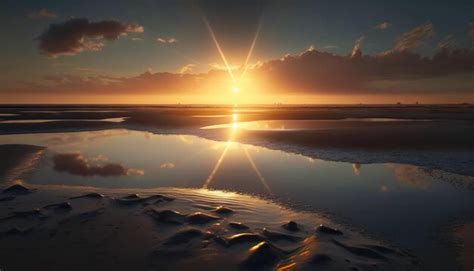 Premium AI Image | A sunset over a beach with the sun shining on it