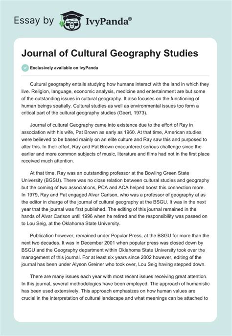 Journal of Cultural Geography Studies - 1148 Words | Essay Example