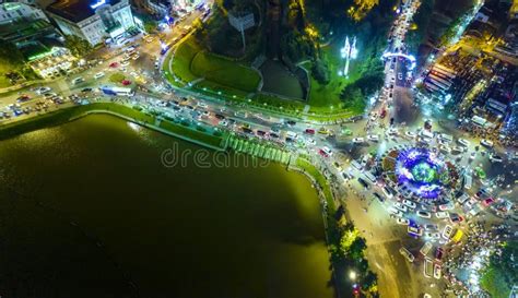 Aerial View of Da Lat City Night Beautiful Tourism Destination in Central Highlands Vietnam ...