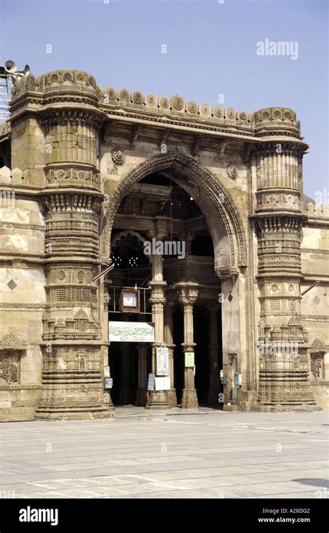 The ornately carved entrance of the Jama or Jami Masjid Ahmedabad India ...