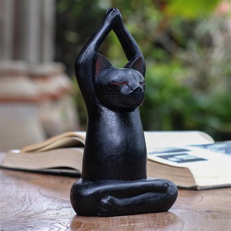 Black Suar Wood Asana Pose Yoga Cat Sculpture from Bali - Toward the Sky Black Yoga Cat | NOVICA