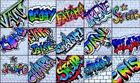 many different types of graffiti written on a wall in various colors and styles, all with the ...