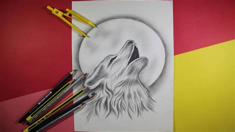 Wolf Howling At Full Moon Drawing