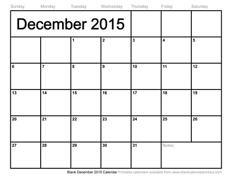 Blank December 2015 Calendar to Print