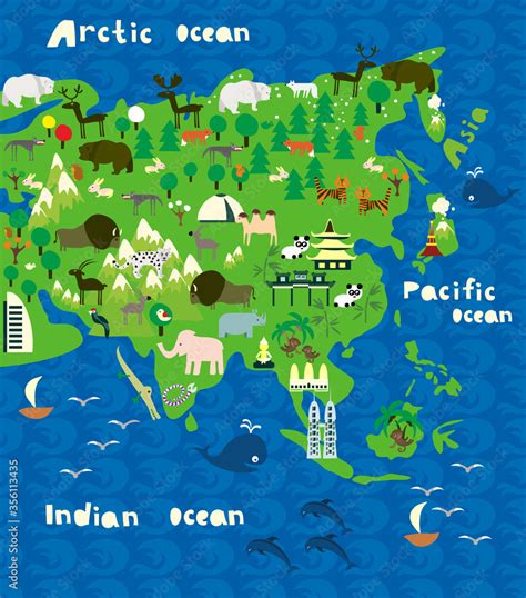 Cartoon map of asia with animals. Vector illustration Stock Vector | Adobe Stock