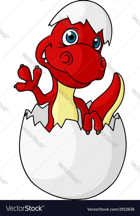 Cute little red dinosaur hatching from an egg waving its hand and smiling, cartoon style ...