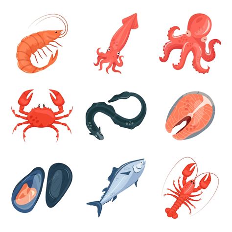 Conjunto de dibujos animados de mariscos | Vector Premium