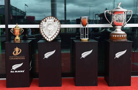 Trophies on display on the red carpet for the Steinlager Rugby Awards ...