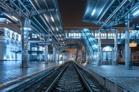 Railway Station At Night. Train Platform In Fog. Railroad Stock Photo - Image of line, passager ...