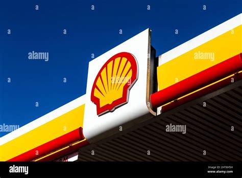 Close-up of Shell oil company logo at one of their petrol stations ...