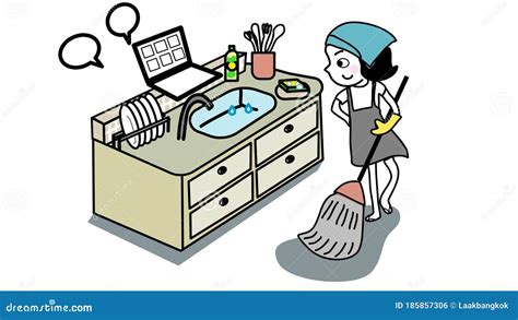 Woman Work from Home during Cleaning Kitchen Cartoon Vector Stock Vector - Illustration of ...