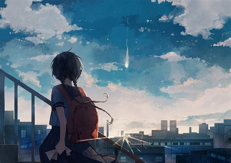 Anime girl, uniforme escolar, vista posterior, nubes, edificios, luz solar, Fondo de pantalla HD ...