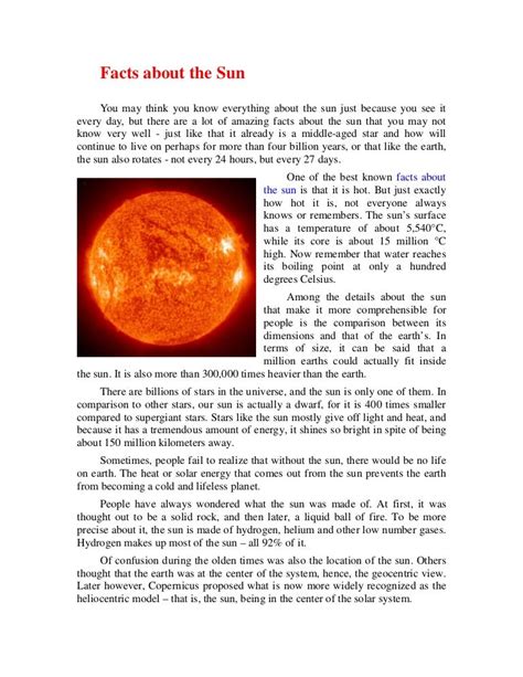 Facts About The Sun For Grade 3