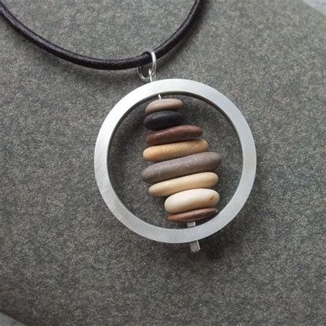 Beach stone necklace natural stone jewelry create from pebbles and up cycled PC part. by ...