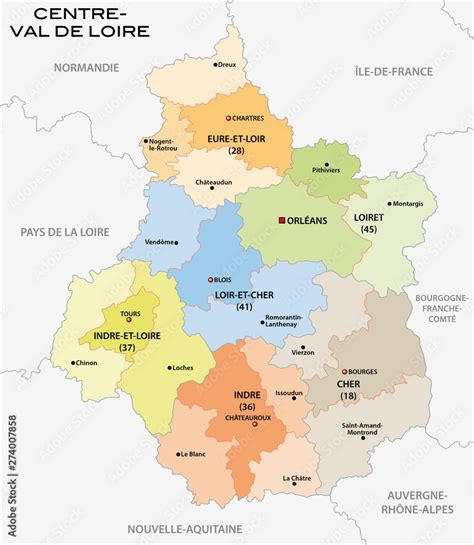 administrative and political map of the region Centre Val de Loire ...