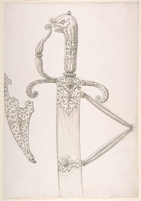 Drawing of Design for Sword Hilt and Tip of Scabbard (Dolphin-Head Grip ...