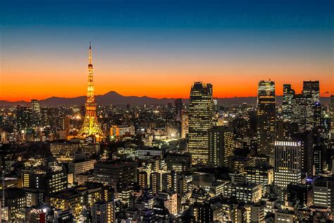 Panorama Of Tokyo At Sunset, Featuring Mt. Fuji | Stocksy United