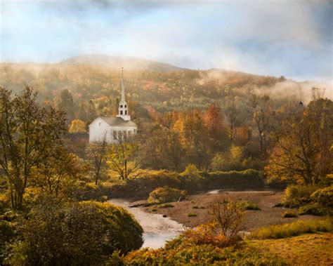 Vermont Church in Autumn Photograph, New England Fall Trees and Foggy ...