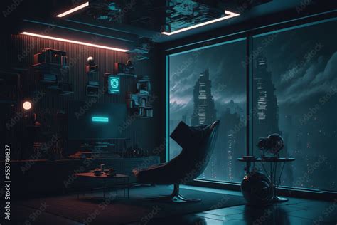 Concept art illustration of apartment dark minimalist living room interior in cyberpunk style ...