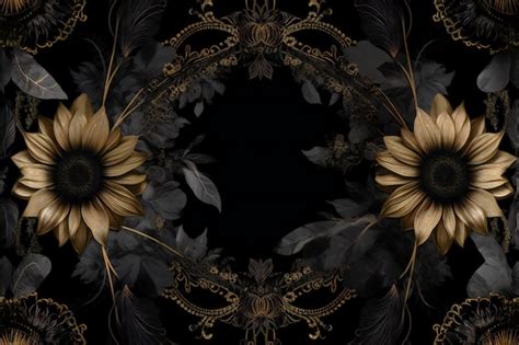 Premium AI Image | Illustration of a black background with gold floral ornament and sunflowers