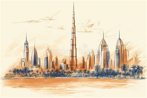 Dubai Skyline Sketch Drawing. Poster Design. Generative Ai Stock Illustration - Illustration of ...