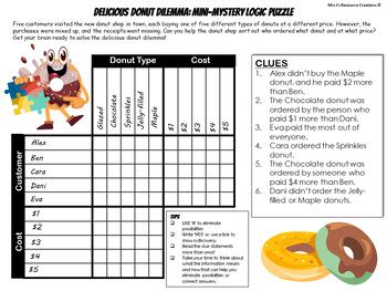 Mystery Logic Puzzle Brain Teaser Worksheet Activity Free #15 - Donut Dilemma