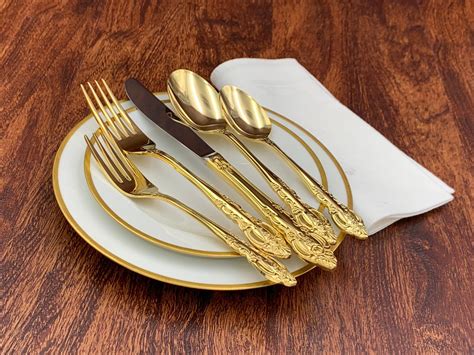 Gold Flatware set with silverware chest, service for 8, serving pieces, elegant gold plated ...