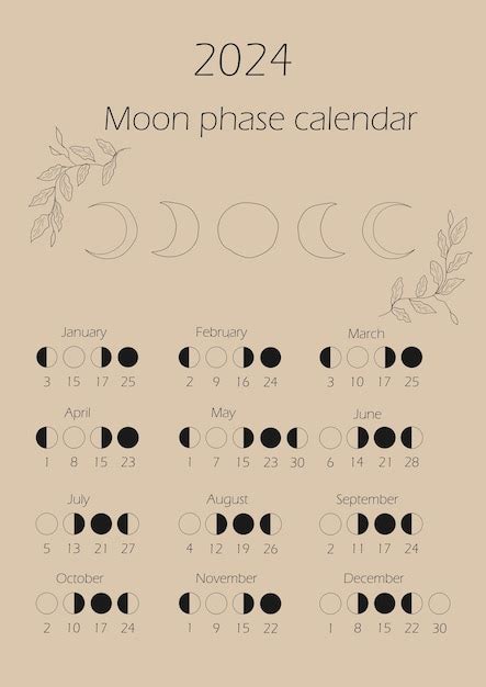 Premium Vector | Moon phases calendar 2024 Waning gibbous Waxing crescent New moon Full moon ...