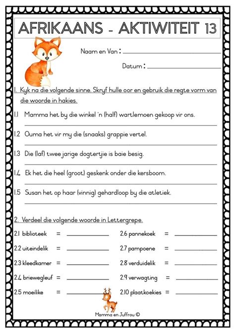 Afrikaans Aktiwiteit 13 | Afrikaans, Afrikaans language, Worksheets for grade 3