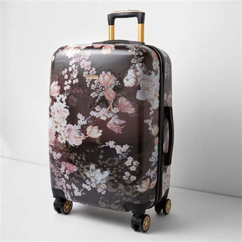 River Island Black Floral Print Hard Shell Suitcase Black Floral Print ...