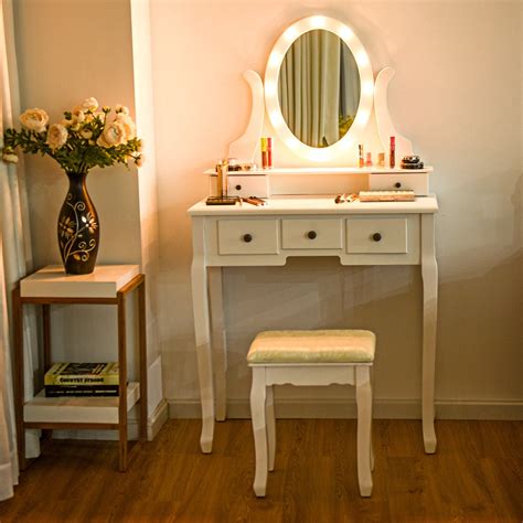 Gymax 5 Drawers Vanity Makeup Dressing Table Stool Set Lighted Mirror W ...