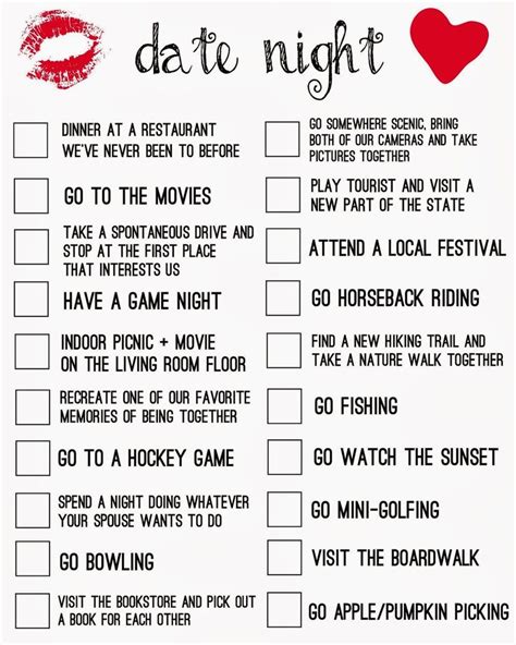 Date Night Ideas Checklist – Free Printable | Cute date ideas, Date ...