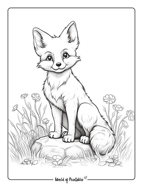 a drawing of a fox sitting on top of a rock with flowers in the background