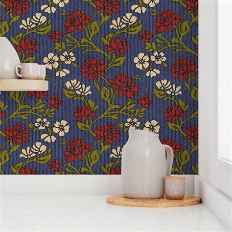 Vintage floral textured navy blue Victorian Peel & Stick Wallpaper – Dana Du Design