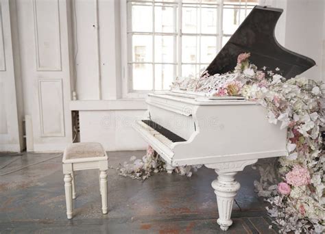 White Grand Piano with Spring White and Pink Flowers in a White Room with Nobody Stock Image ...