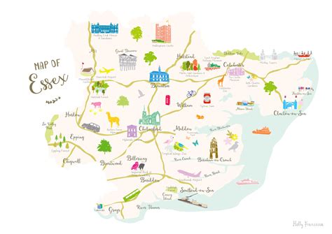 Illustrated hand drawn Map of Essex by UK artist Holly Francesca.