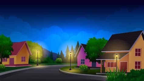 Premium Vector | Beautiful residential house at night with street lamps ...